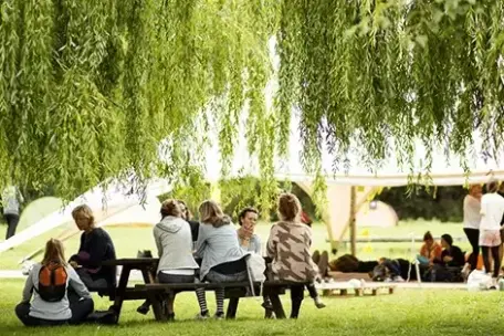 People under willows at outdoor event, near tents.