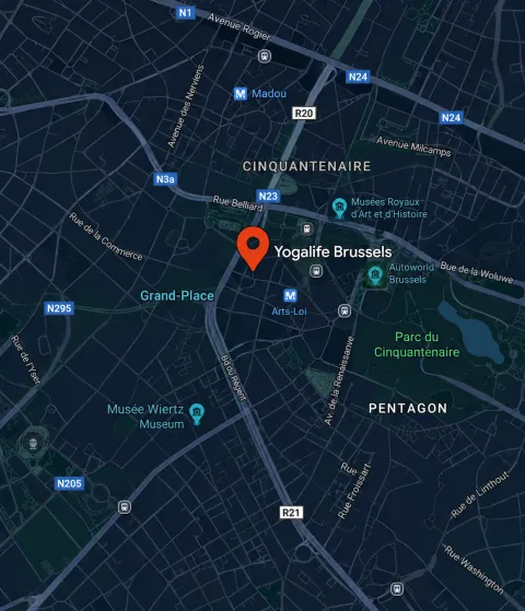 Dark mode digital map highlighting the location of Yogalife Brussels near Parc du Cinquantenaire.